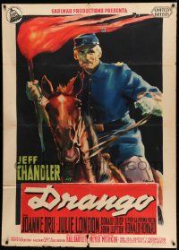 7y791 DRANGO Italian 1p '57 different Olivetti art of cavalryman Jeff Chandler on horse w/ torch!