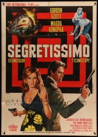 7y945 SEGRETISSIMO Italian 1p '67 art of spy Gordon Scott & Magda Konopka w/guns by Renato Casaro!
