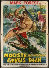 7y669 HERCULES AGAINST THE BARBARIAN Italian 2p '64 cool art of Mark Forest wrestling alligator!