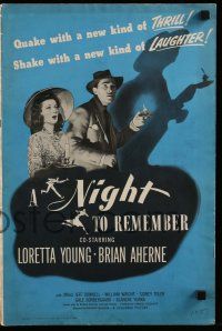 7y047 NIGHT TO REMEMBER pressbook '42 Loretta Young & Brian Aherne in a mirthful murder mystery!