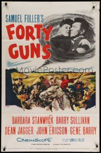 7z347 FORTY GUNS 1sh '57 Samuel Fuller, art of Barbara Stanwyck & Barry Sullivan on horseback!