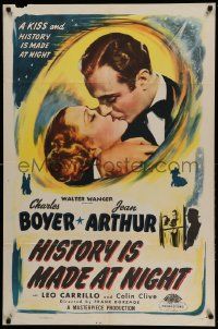 7z416 HISTORY IS MADE AT NIGHT 1sh R48 wonderful kiss close up of Charles Boyer & Jean Arthur!