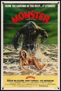7z434 HUMANOIDS FROM THE DEEP int'l 1sh '80 classic art of eyes looming over sexy girl on beach!