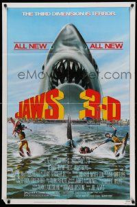 7z463 JAWS 3-D 1sh '83 great Gary Meyer shark artwork, the third dimension is terror!