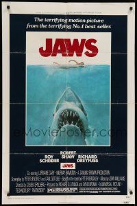 7z461 JAWS 1sh '75 art of Steven Spielberg's classic man-eating shark attacking sexy swimmer!