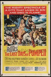 7z489 LAST DAYS OF POMPEII 1sh '60 art of mighty Steve Reeves in the fiery summit of spectacle!