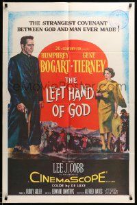 7z501 LEFT HAND OF GOD 1sh '55 artwork of priest Humphrey Bogart holding gun + sexy Gene Tierney!