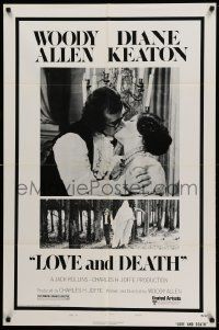 7z529 LOVE & DEATH style B 1sh '75 Woody Allen & Diane Keaton romantic kiss close up!
