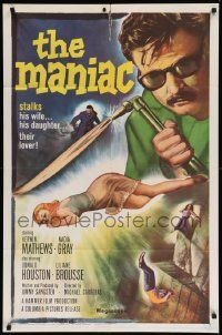 7z556 MANIAC 1sh '63 Kerwin Mathews, Hammer, he stalks his wife, his daughter, their lover!
