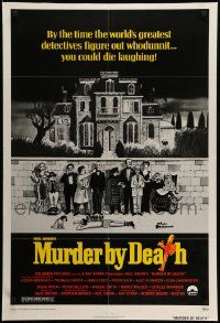 7z592 MURDER BY DEATH 1sh '76 great Charles Addams art of cast by dead body, yellow title design!