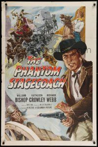 7z667 PHANTOM STAGECOACH 1sh '57 art of William Bishop shooting it out w/bad guys by stage!