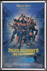 7z677 POLICE ACADEMY 2 1sh '85 Steve Guttenberg, Bubba Smith, great Drew Struzan art of cast!