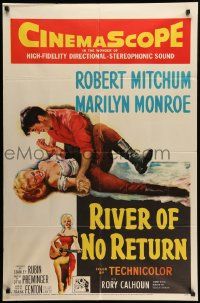7z718 RIVER OF NO RETURN 1sh '54 intense art of Robert Mitchum holding down sexy Marilyn Monroe!