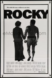 7z720 ROCKY 1sh '76 boxer Sylvester Stallone holding hands with Talia Shire, boxing classic!