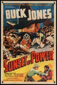7z850 SUNSET OF POWER 1sh '35 great artwork Buck Jones pointing gun & cattle stampede!
