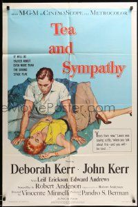 7z864 TEA & SYMPATHY 1sh '56 great artwork of Deborah Kerr & John Kerr by Gale, classic tagline!