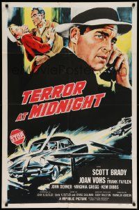 7z869 TERROR AT MIDNIGHT 1sh '56 Scott Brady, Joan Vohs, film noir, cool car crash art!