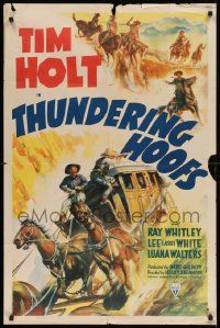 7z893 THUNDERING HOOFS style A 1sh '41 cool art of cowboy Tim Holt on horse chasing stagecoach!