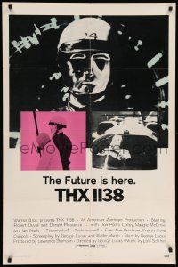 7z894 THX 1138 1sh '71 first George Lucas, Robert Duvall, bleak sci-fi, double inset images!