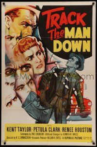 7z906 TRACK THE MAN DOWN 1sh '55 cool art of detective Kent Taylor tracing footsteps, Petula Clark