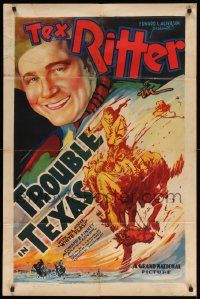 7z914 TROUBLE IN TEXAS 1sh '37 cowboy Tex Ritter on horseback, Rita Cansino Hayworth not billed!
