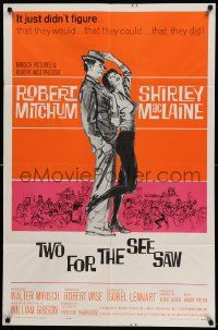7z925 TWO FOR THE SEESAW 1sh '62 art of Robert Mitchum & sexy beatnik Shirley MacLaine by Hooks!