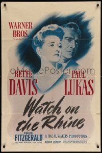 7z954 WATCH ON THE RHINE 1sh '43 Bette Davis & Paul Lukas, by Dashiell Hammett & Lillian Hellman!