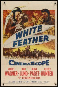 7z969 WHITE FEATHER 1sh '55 art of Robert Wagner & Native American Debra Paget!