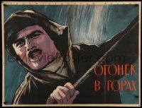 8b621 LIGHT IN THE MOUNTAINS Russian 31x40 '58 cool art of guy w/rope in the rain by Belski!