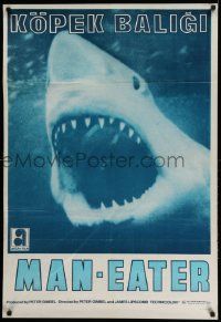 8b259 BLUE WATER, WHITE DEATH Turkish '72 super close image of great white shark with open mouth!