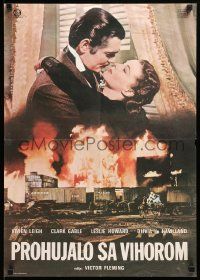 8b776 GONE WITH THE WIND Yugoslavian 19x27 R70s Gable and Vivien Leigh over burning Atlanta!