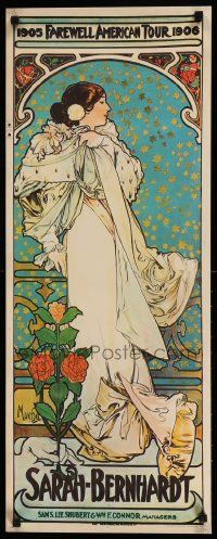 8c692 SARAH BERNHARDT 13x34 commercial poster '66 cool artwork of the star by Alphonse Mucha!