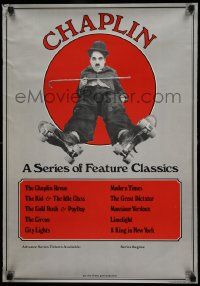 8c328 CHAPLIN 20x28 film festival poster '73 image of Charlie with cane wearing roller skates!