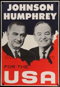 8c138 JOHNSON HUMPHREY FOR THE USA 28x41 political campaign '64 the candidates over U.S. map!