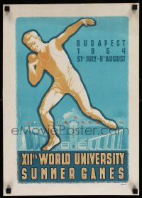 8c203 XII WORLD UNIVERSITY SUMMER GAMES 15x21 Hungarian special '54 art of stadium/athlete by Janos!