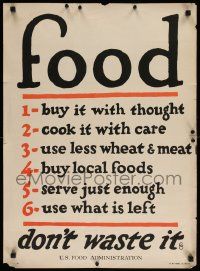8c091 FOOD DON'T WASTE IT 21x29 WWI war poster '17 serve just enough & use what is left!