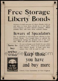 8c046 FREE STORAGE OF LIBERTY BONDS 20x28 WWI war poster '18 keep what you have and buy more!