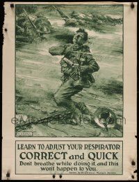 8c053 LEARN TO ADJUST YOUR RESPIRATOR 22x30 WWI war poster '15 art of posioned soldier by Thayer!