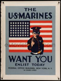 8c111 U.S. MARINES WANT YOU 30x40 WWII war poster '42 wonderful art of officer by giant U.S. flag!