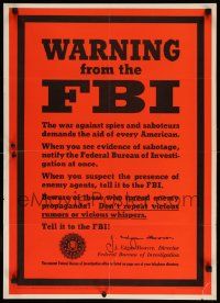8c118 WARNING FROM THE FBI 20x28 WWII war poster '43 Hoover asks you to report suspicious activity!