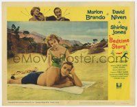 8f435 BEDTIME STORY LC #2 '64 sexy Shirley Jones puts lotion on Marlon Brando's back on beach!