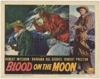 8f468 BLOOD ON THE MOON LC #7 '49 close up of Robert Mitchum about to be stabbed in the back!