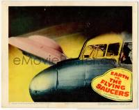 8f573 EARTH VS. THE FLYING SAUCERS LC '56 sci-fi classic, cool image of UFO flying by airplane!