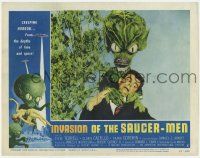 8f662 INVASION OF THE SAUCER MEN LC #5 '57 fantastic close up of cabbage head alien choking guy!