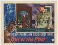 8f795 OUT OF THE PAST LC #8 R53 Robert Mitchum in trench coat looks at Jane Greer in doorway!