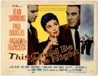 8f345 THIS COULD BE THE NIGHT TC '57 sexy Jean Simmons between Paul Douglas & Anthony Franciosa!