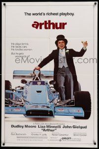 8g047 ARTHUR int'l 1sh '81 different image of drunk Dudley Moore by F1 race car!
