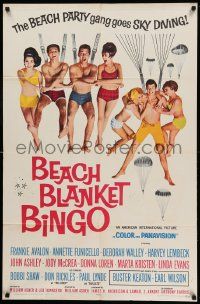 8g066 BEACH BLANKET BINGO 1sh '65 Frankie Avalon, Annette Funicello & the gang go sky diving!