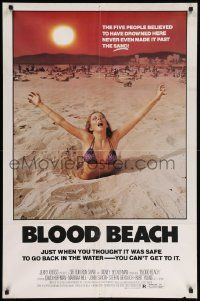 8g094 BLOOD BEACH 1sh '81 Jaws parody tagline, image of sexy girl in bikini sinking in sand!