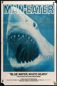 8g102 BLUE WATER, WHITE DEATH 1sh '71 cool super close image of great white shark with open mouth!